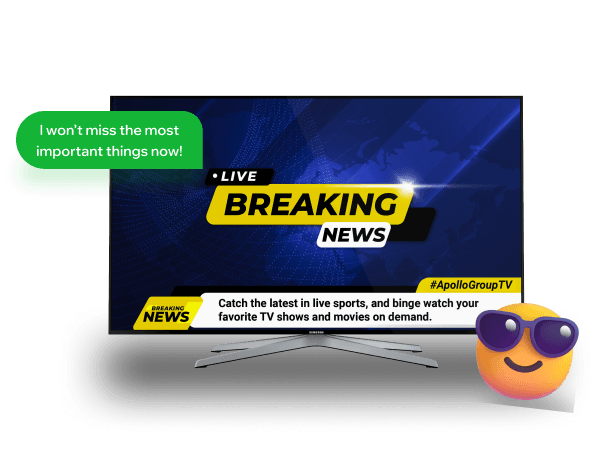 A live breaking news channel streaming on a smart TV with Apollo TV